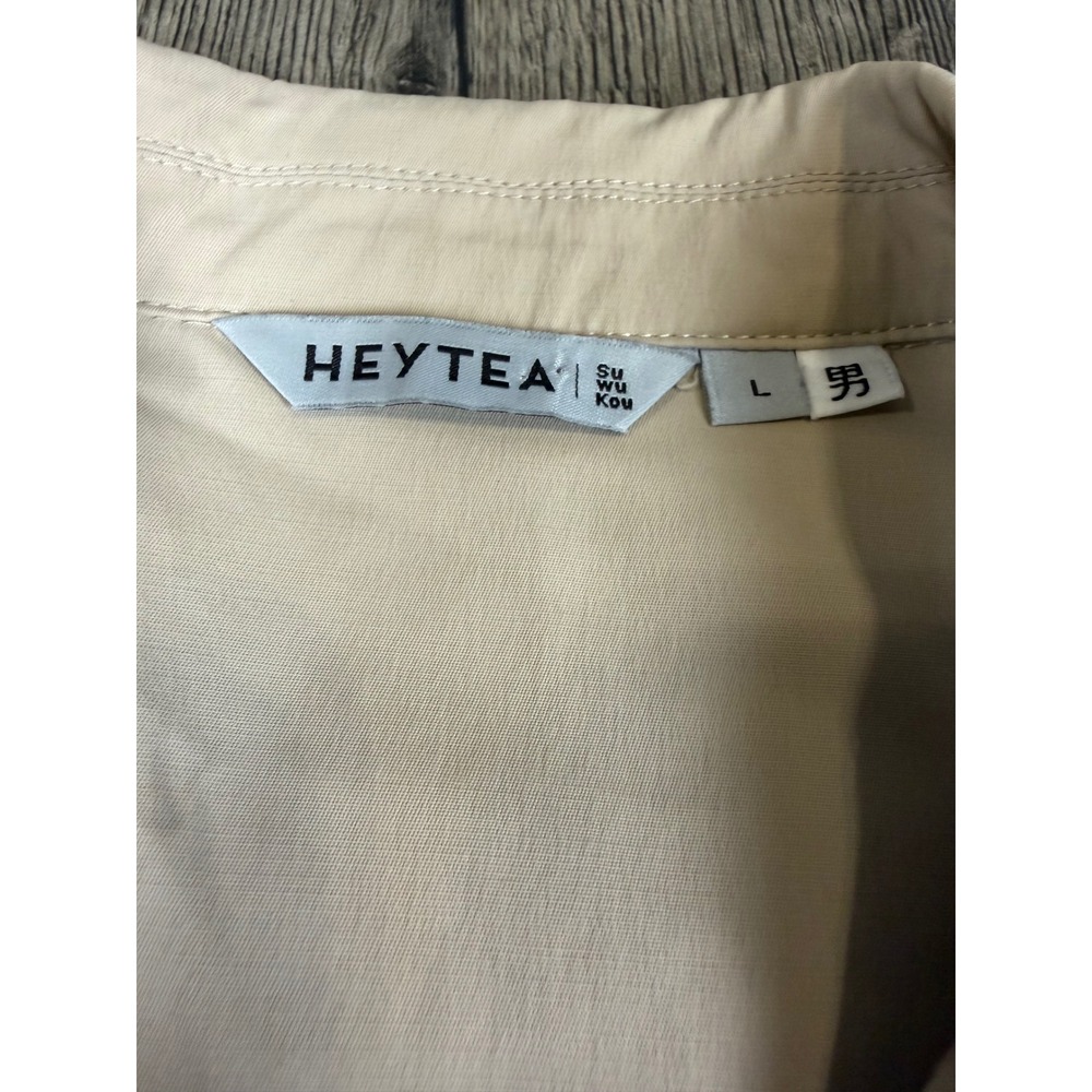 HEYTEA Camp Collar Snap Front Short Sleeve Shirt Tan Large Streetwear Minimalist - Picture 10 of 12